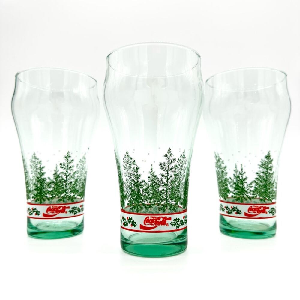 Libbey Coca-Cola Christmas Tumbler Glass 1991 Vintage Pine Trees and Holly Berry - Picture 4 of 15